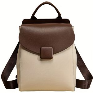 Preppy Style Solid Color Daypack - Brown PU Leather Multipurpose Backpack with Unique Closure, Universal Fit, Casual Waterproof Business Backpack with Color Block Design, Spacious for Commuting, College, and Travel - 8 Inch